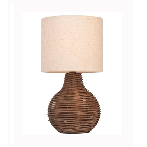 JCPYIUL Rattan Table Lamp, Small Wicker Table Lamp with Linen Lamp Shade, Vintage Rattan Bedside Lamp Desk Lamp for Bedroom Living Room Desk Room(Brown Rattan)