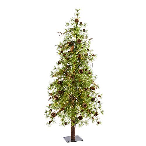 Nearly Natural 5ft. Wyoming Alpine Artificial Christmas Tree with 100 Clear (Multifunction) LED Lights and Pine Cones on Natural Trunk