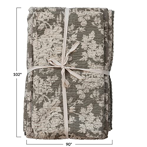 Creative Co-Op Queen Cotton Voile 2 -Shams with Floral Motif, -Set of 3 Pieces, Grey and Ivory Bed Cover, Gray