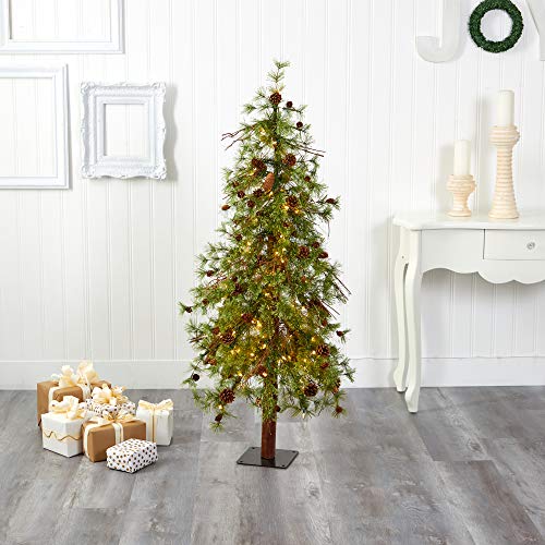 Nearly Natural 5ft. Wyoming Alpine Artificial Christmas Tree with 100 Clear (Multifunction) LED Lights and Pine Cones on Natural Trunk