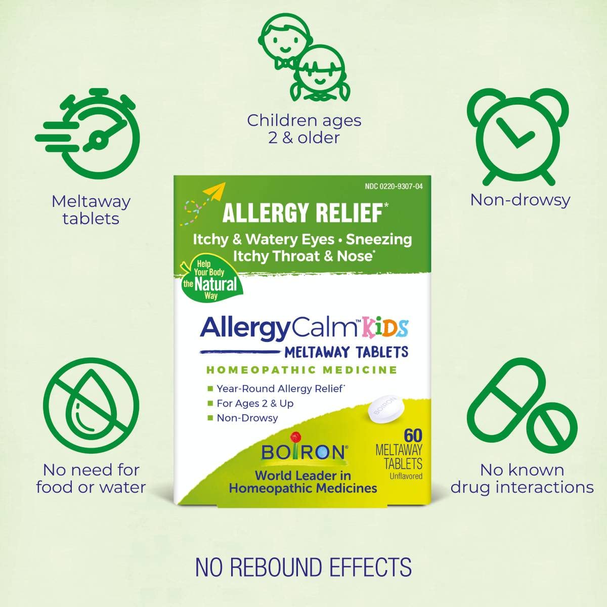 Boiron AllergyCalm Kids Tablets for Relief from Allergy and Hay Fever Symptoms of Sneezing, Runny Nose, and Itchy Eyes or Throat - 60 Count