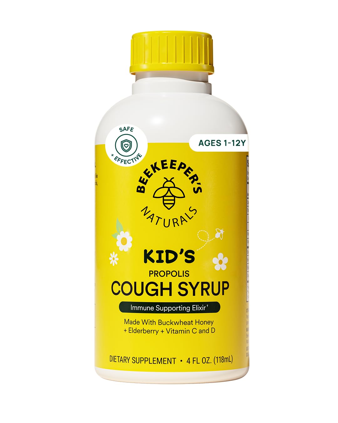 Beekeeper's Naturals Propolis Honey Cough Syrup Daytime for Kids Immune Support with Elderberry, Vitamin C, Vitamin D & Raw Honey - Throat Soothing - Gluten Free & Clean Ingredients, 4 oz.