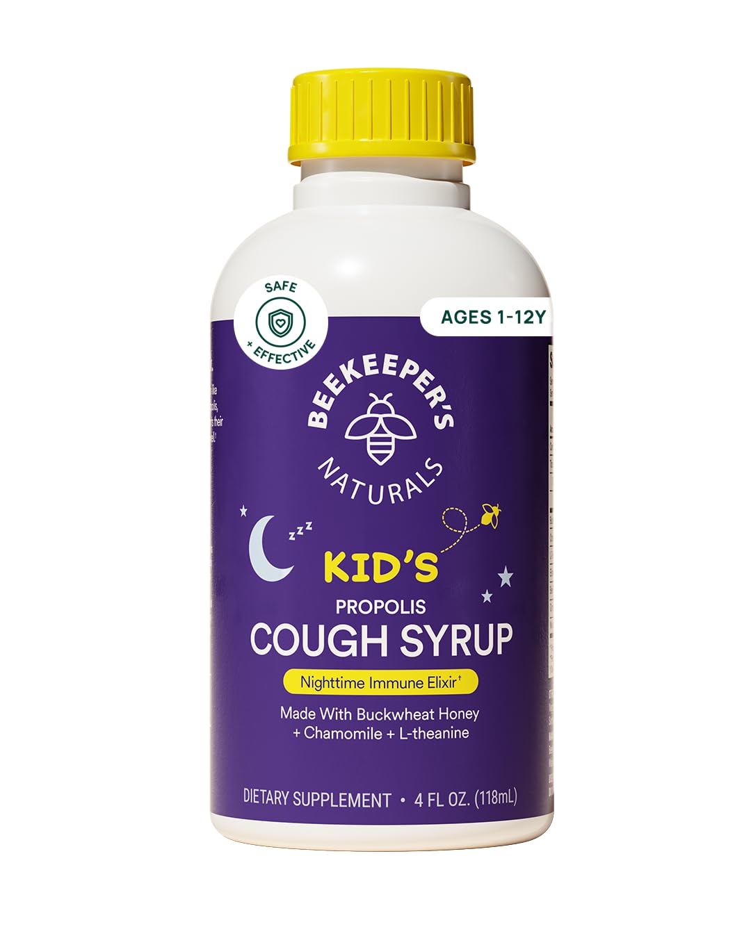 Beekeeper's Naturals Propolis Honey Cough Syrup Nighttime for Kids Immune Support with Propolis, Elderberry & Raw Honey - Sleep Support with Chamomile & L-Theanine - Gluten Free, 4 oz.