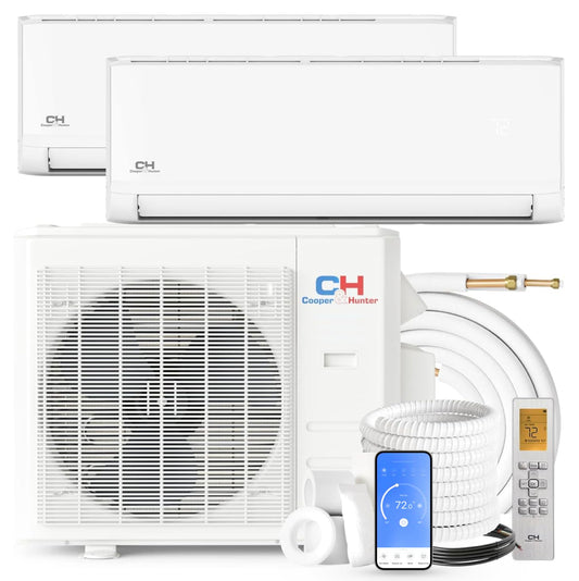 Cooper&Hunter 18,000 BTU Dual Zone Mini Split AC/Heating System 6,000 + 12,000 BTU, 22.9 SEER2, Wall Mount Ductless Air to Air Inverter Including Installation Kits