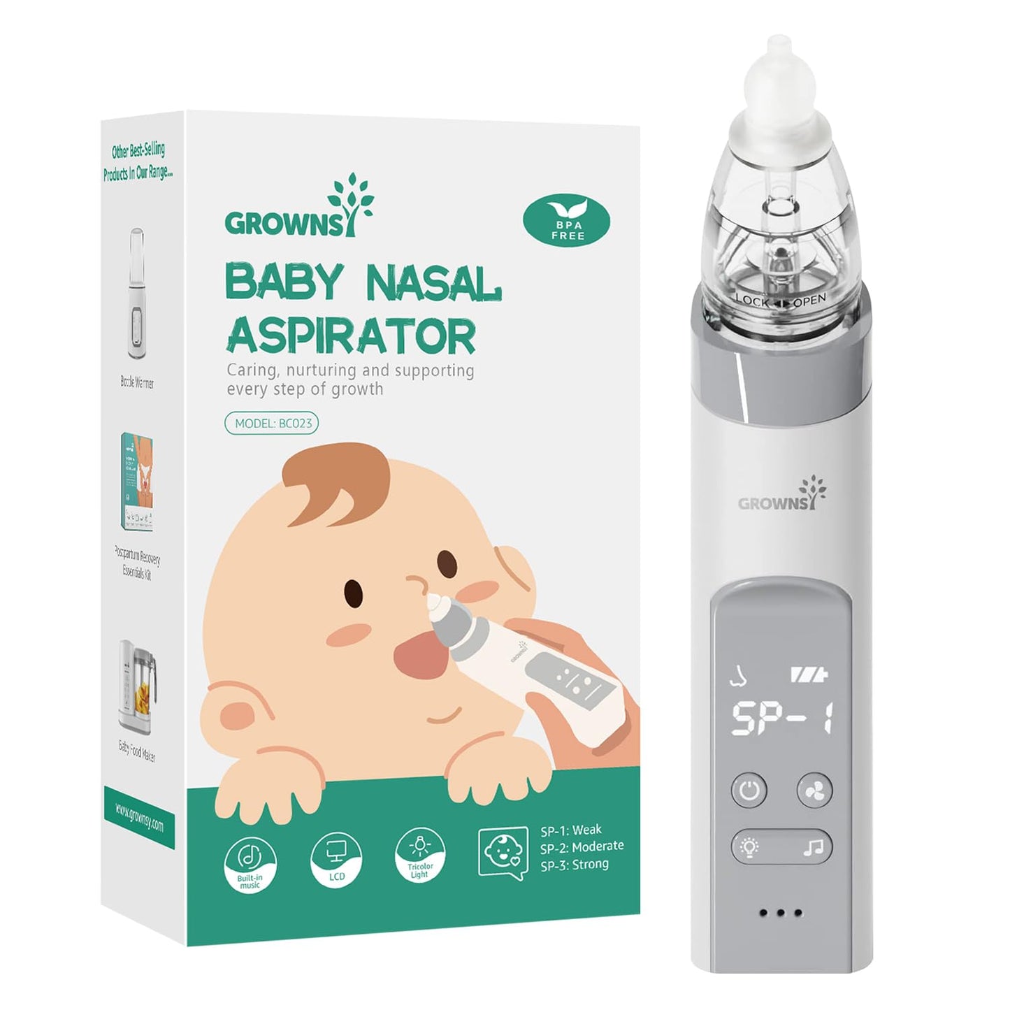 GROWNSY Nasal Aspirator for Baby, Baby Nose Sucker Pro with 3 Soft Silicone Tips, Adjustable Suction, Electric Nose Suction for Baby, Built-in Music & Light Soothing