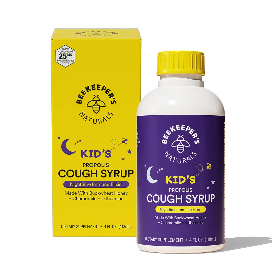 Beekeeper's Naturals Propolis Honey Cough Syrup Nighttime for Kids Immune Support with Propolis, Elderberry & Raw Honey - Sleep Support with Chamomile & L-Theanine - Gluten Free, 4 oz.