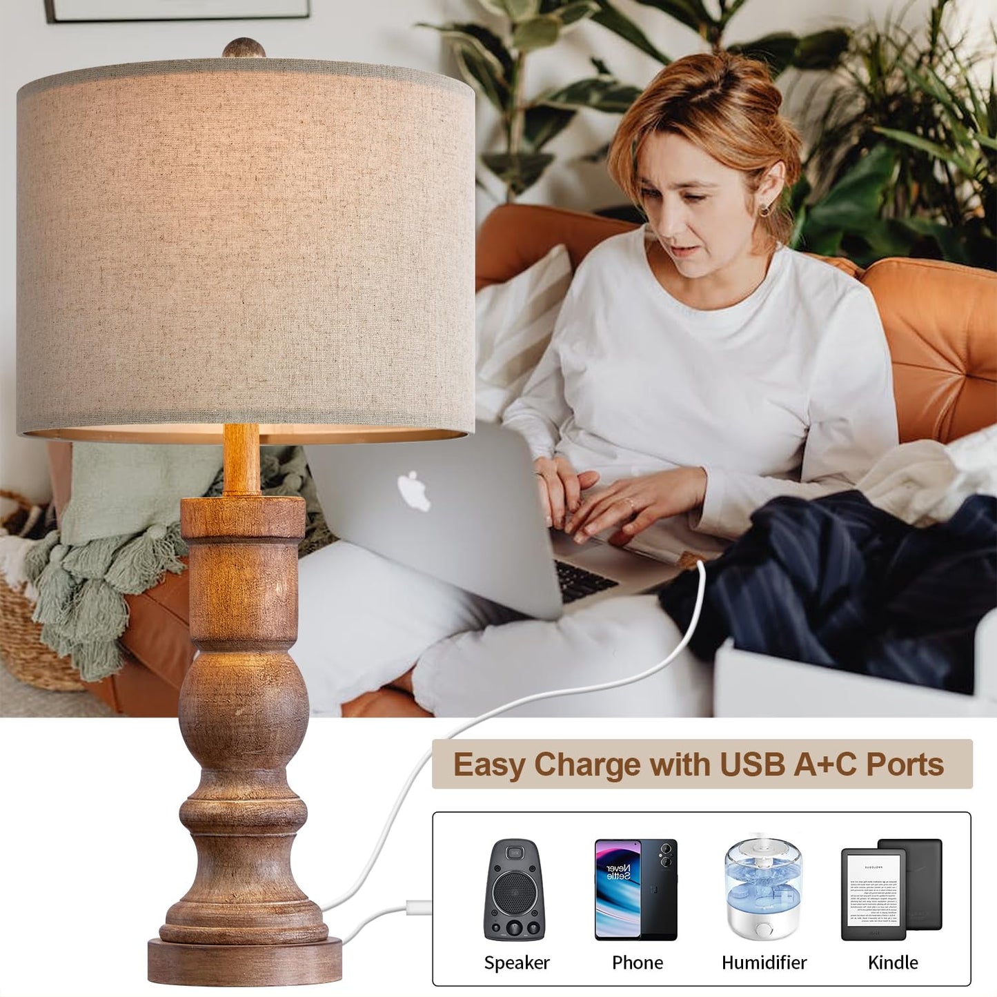 OYEARS 24.75" Table Lamps for Living Room Bedroom Set of 2 Farmhouse USB A+C Bedside Lamp Vintage Retro Resin Lamps Linen Shade Nightstand Home Office(Grainy)