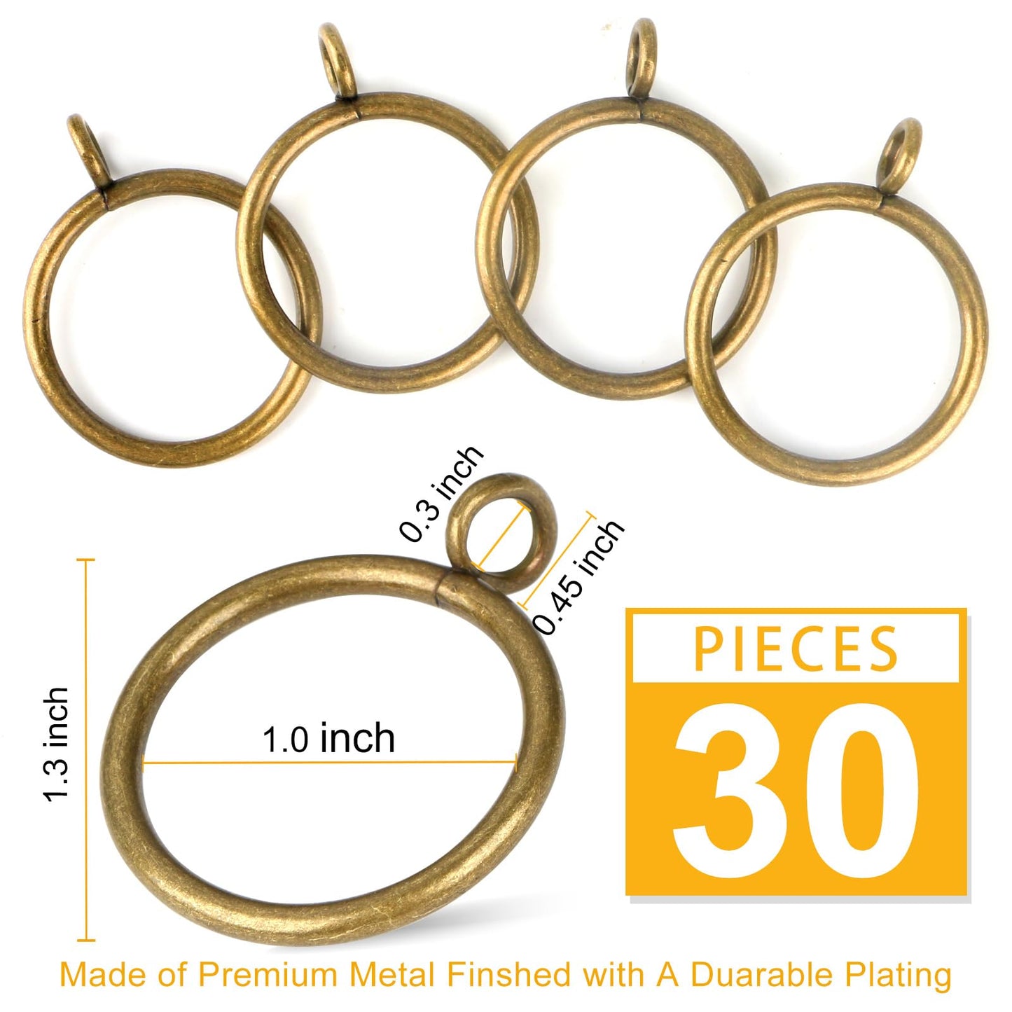 Antique Brass Curtain Rings with Eyelets for Up to 3/4-inch Curtain Rods (Set of 30 PCS Curtain Rings) (1 inch Inner Diameter)