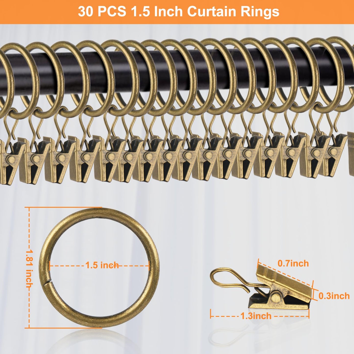 30 PCS Antique Brass Clips Curtain Hooks for Curtain Rod, This Drapery Curtain Ring with Clips Hook Fit Up to 1.0~1.25 -inch Drapery Panel (1 1/2-Inch Inner Diameter)