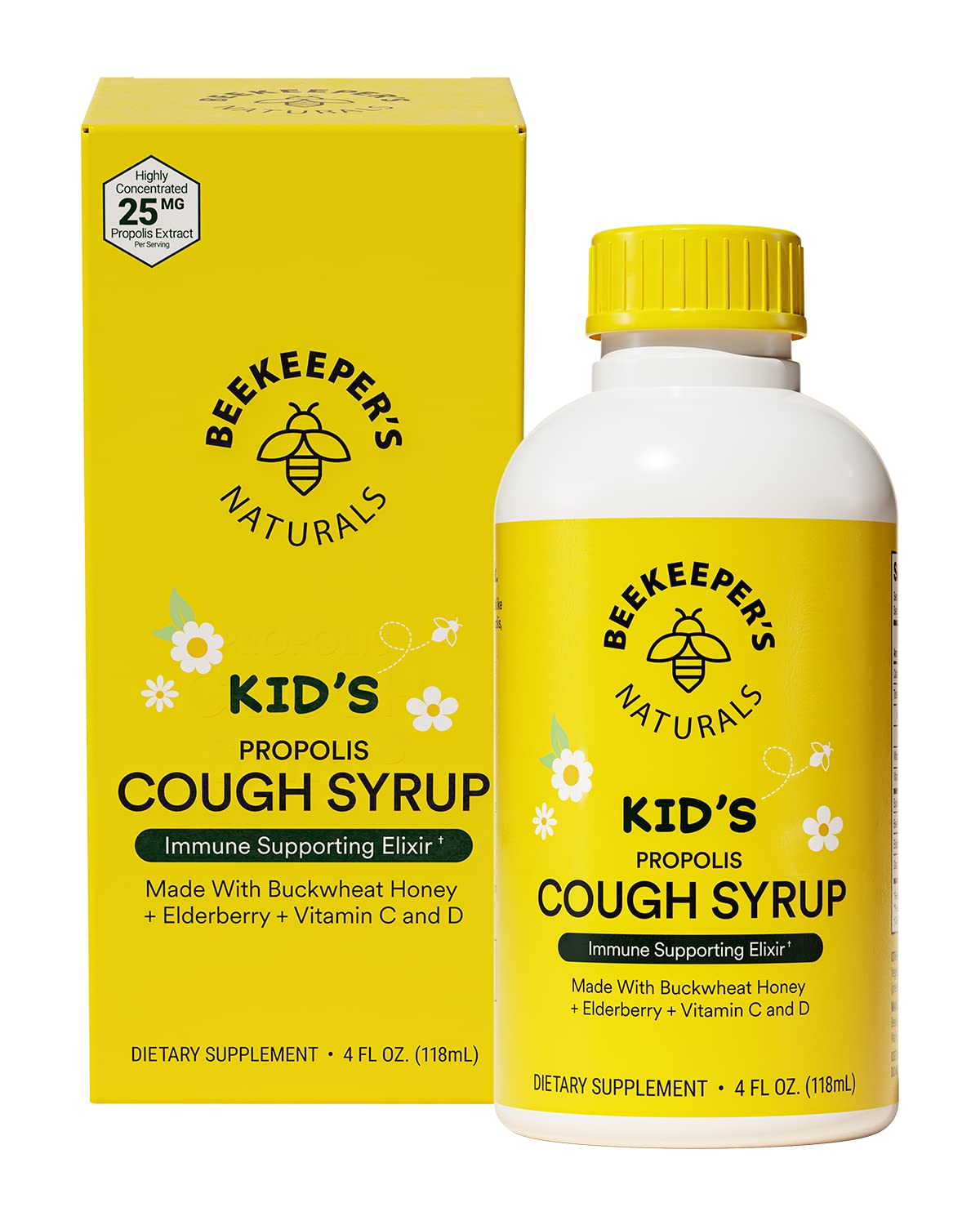 Beekeeper's Naturals Propolis Honey Cough Syrup Daytime for Kids Immune Support with Elderberry, Vitamin C, Vitamin D & Raw Honey - Throat Soothing - Gluten Free & Clean Ingredients, 4 oz.