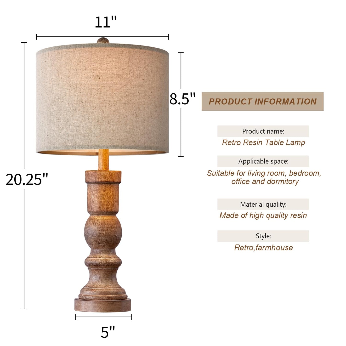 OYEARS 24.75" Table Lamps for Living Room Bedroom Set of 2 Farmhouse USB A+C Bedside Lamp Vintage Retro Resin Lamps Linen Shade Nightstand Home Office(Grainy)