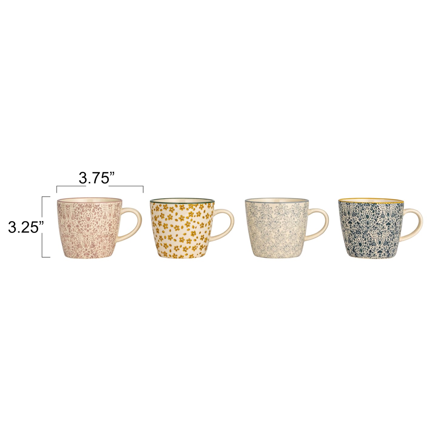 Creative Co-Op Floral Print Stoneware Mug, Multicolor, Set of 4