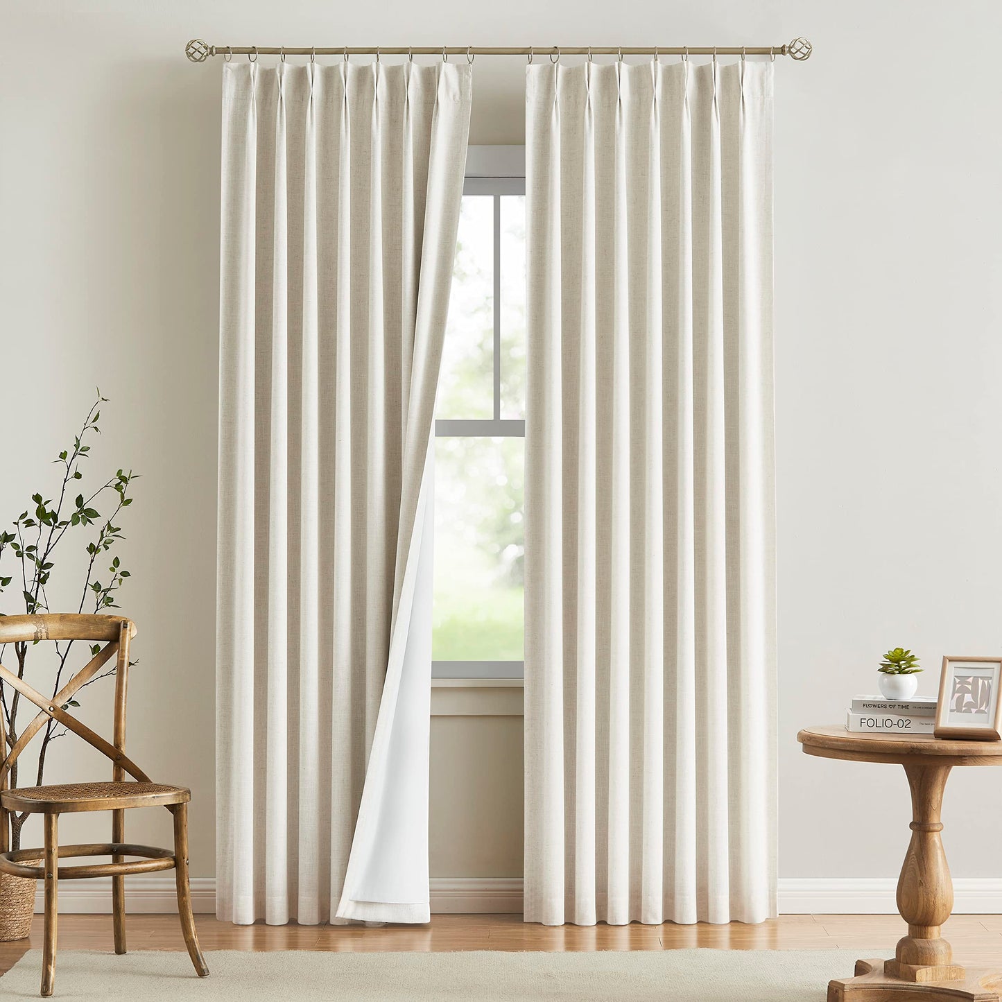 Vision Home Natural Pinch Pleated Full Blackout Curtains Linen Blended Room Darkening Window Curtains 95 inch for Living Room Bedroom Thermal Insulated Pinch Pleat Drapes with Hooks 2 Panel 40"Wx95"L