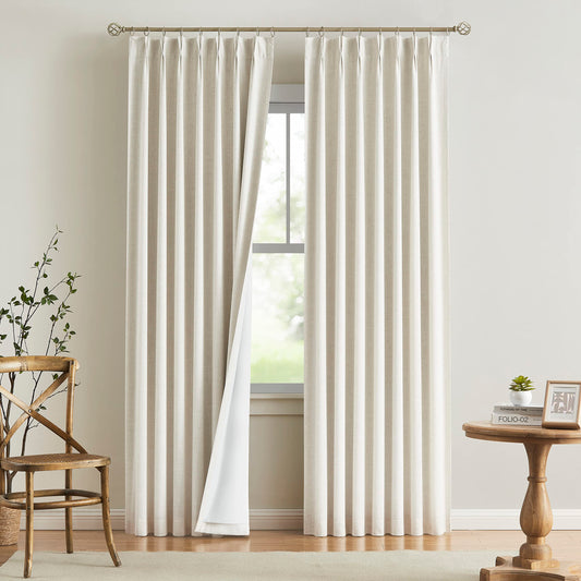 Vision Home Natural Pinch Pleated Full Blackout Curtains Linen Blended Room Darkening Window Curtains 95 inch for Living Room Bedroom Thermal Insulated Pinch Pleat Drapes with Hooks 2 Panel 40"Wx95"L