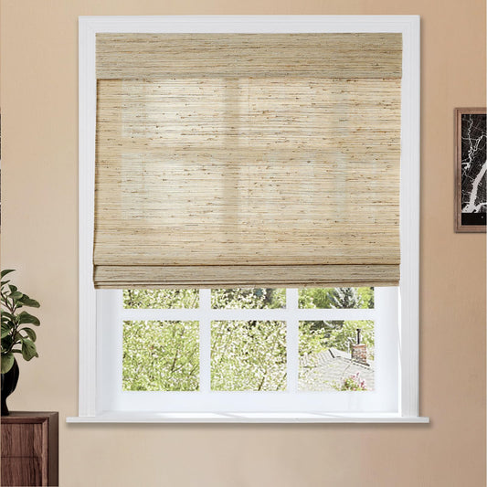 TWOPAGES Natural Cordless Ramie Roman Shade Customized Roman Window Shade Sun Light Filtering Window Treatment Privacy Protection Roman Blind for Windows, Hardware Included, Beige, 1 Piece