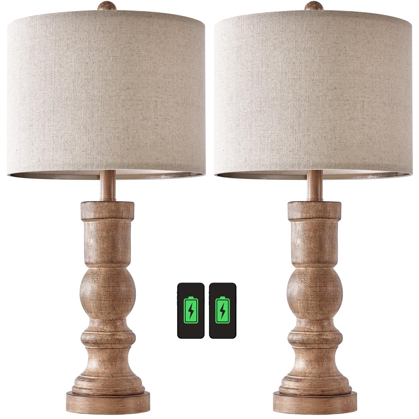 OYEARS 24.75" Table Lamps for Living Room Bedroom Set of 2 Farmhouse USB A+C Bedside Lamp Vintage Retro Resin Lamps Linen Shade Nightstand Home Office(Grainy)