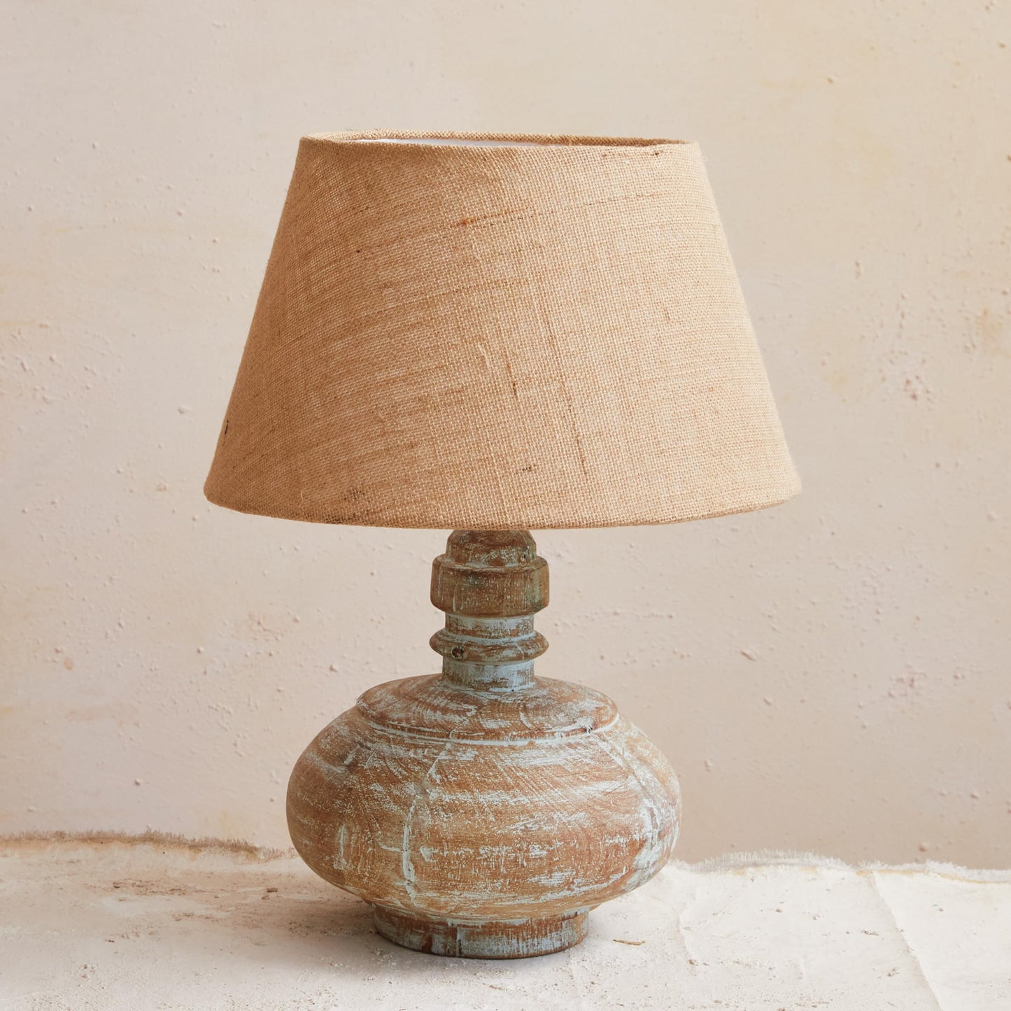 Creative Co-Op Reclaimed Wood Pot Table Lamp with Cotton Shade, Whitewashed