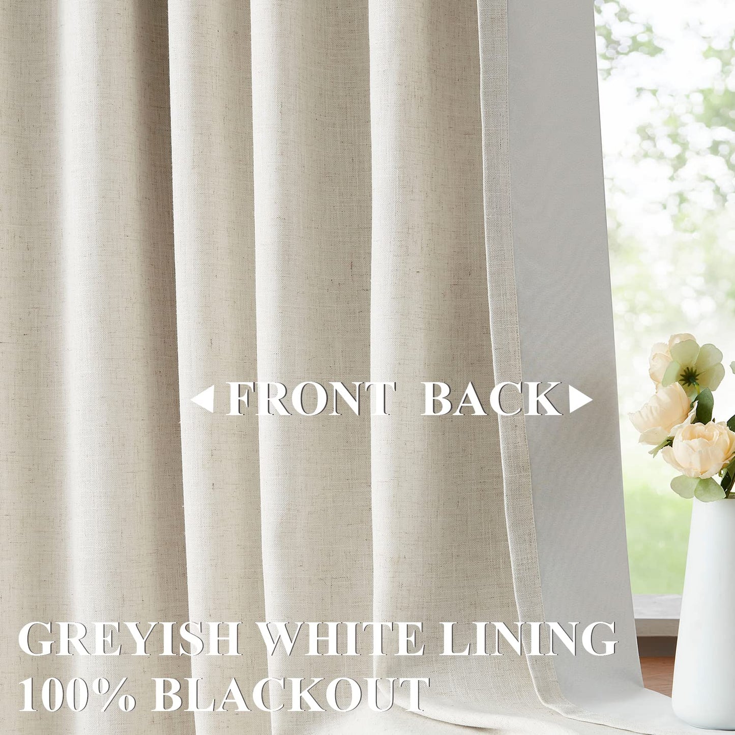 Vision Home Natural Pinch Pleated Full Blackout Curtains Linen Blended Room Darkening Window Curtains 95 inch for Living Room Bedroom Thermal Insulated Pinch Pleat Drapes with Hooks 2 Panel 40"Wx95"L