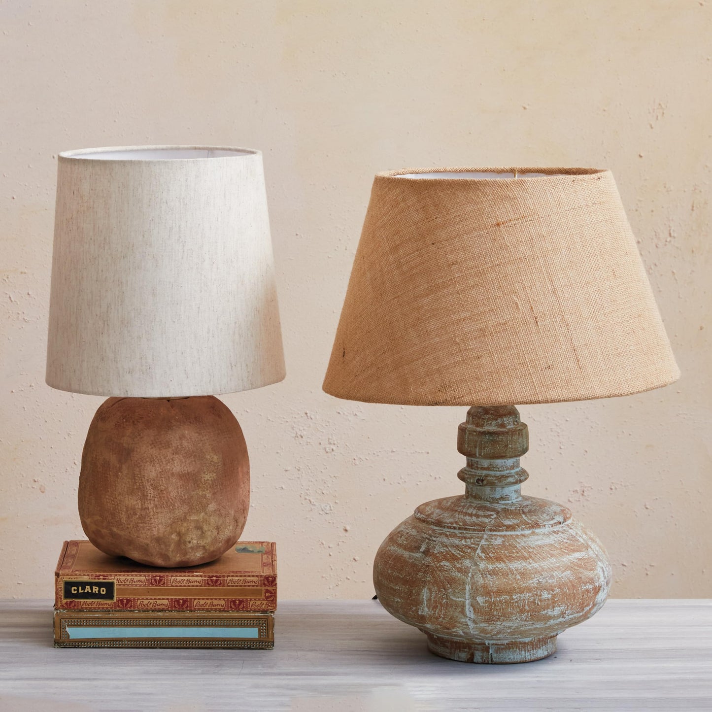 Creative Co-Op Reclaimed Wood Pot Table Lamp with Cotton Shade, Whitewashed