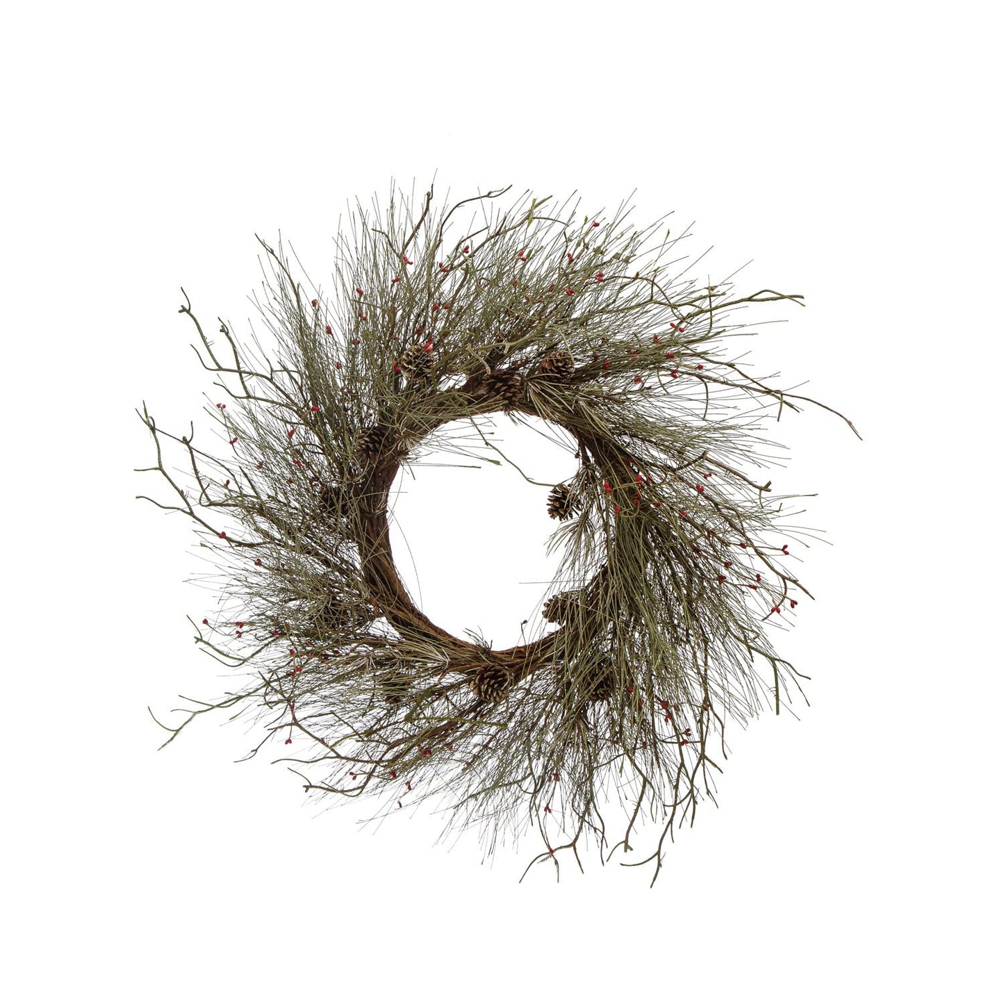 Round Faux Long Needle Pine Wreath with Twigs and Red Rice Berries, Sage