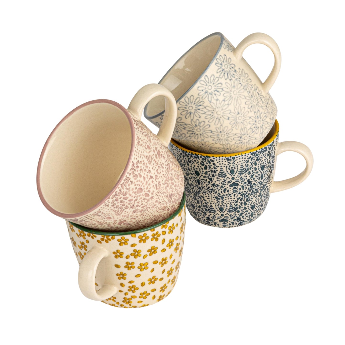 Creative Co-Op Floral Print Stoneware Mug, Multicolor, Set of 4