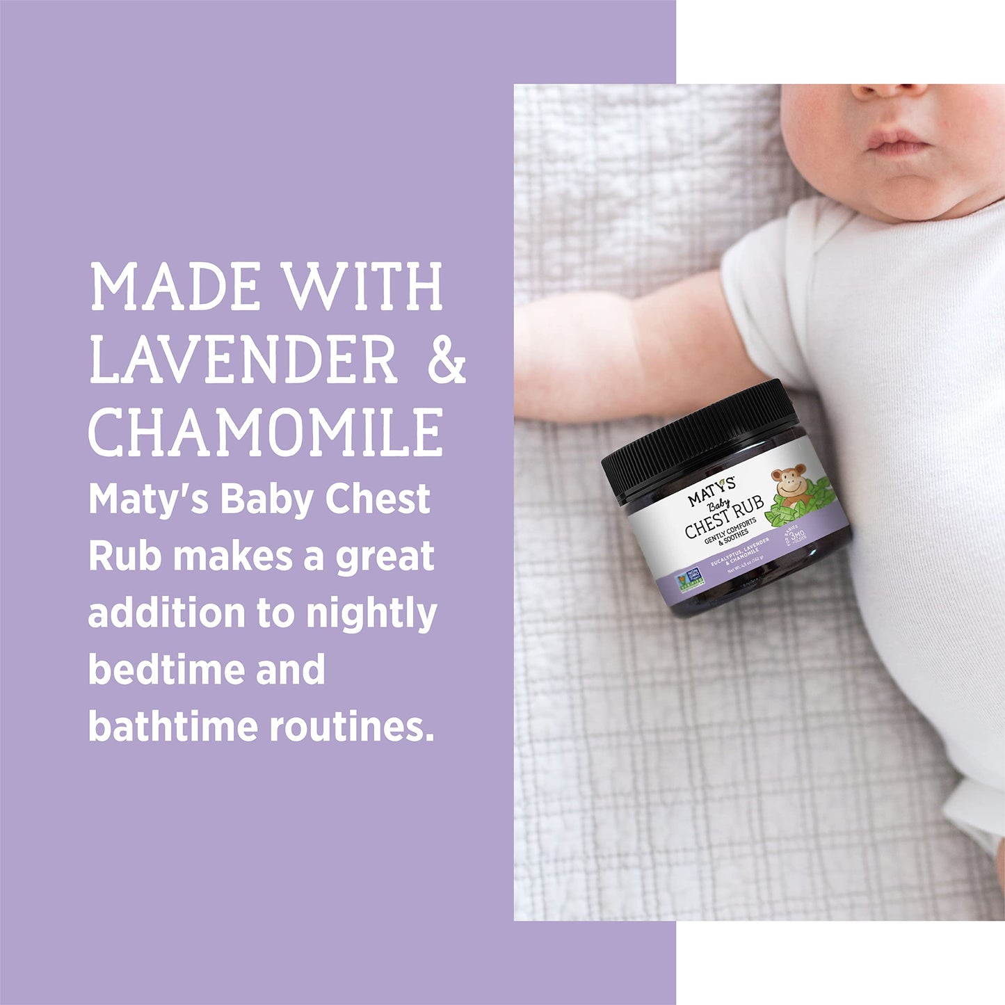 Matys Baby Chest Rub, Soothing Congestion Relief Vapor Rub for Babies 3 Months Old +, Clean & Comforting Eucalyptus, Lavender, & Chamomile for Sleep, Non-GMO, Petroleum Free, Menthol Free, 4.5 oz Tub