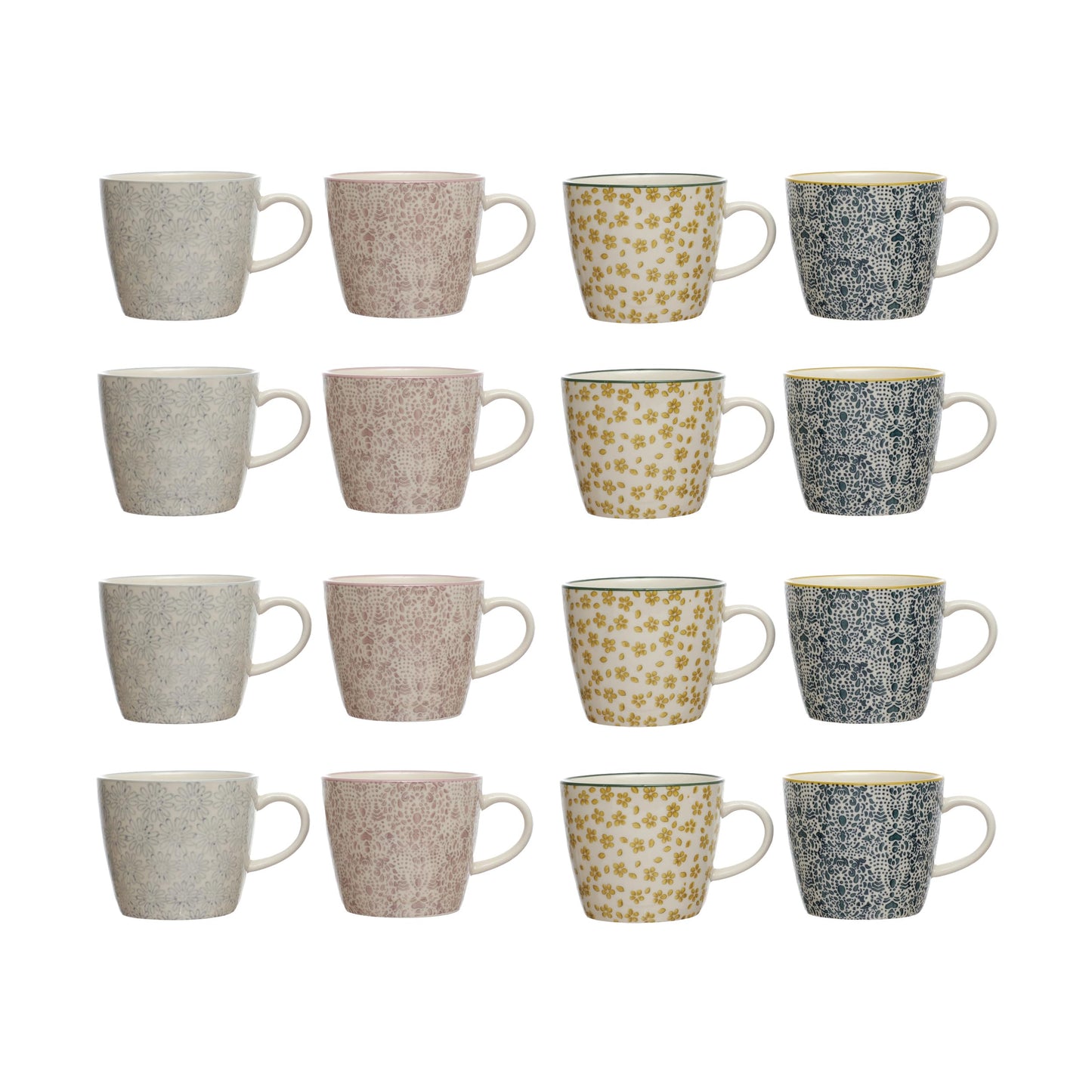 Creative Co-Op Floral Print Stoneware Mug, Multicolor, Set of 4