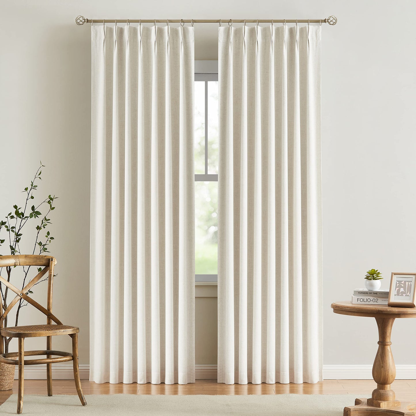 Vision Home Natural Pinch Pleated Full Blackout Curtains Linen Blended Room Darkening Window Curtains 95 inch for Living Room Bedroom Thermal Insulated Pinch Pleat Drapes with Hooks 2 Panel 40"Wx95"L