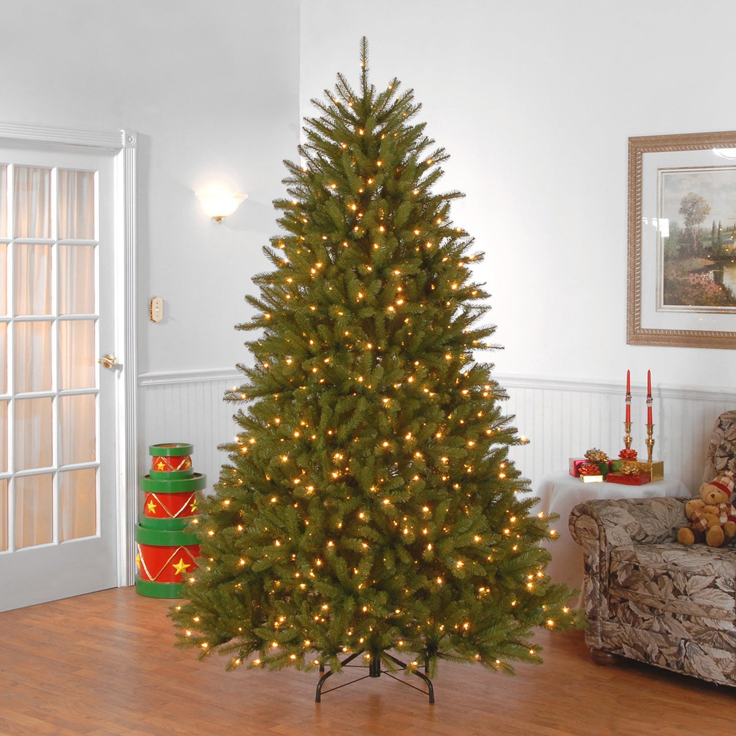 National Tree Company Pre-Lit Artificial Full Christmas Tree, Green, Dunhill Fir, Dual Color LED Lights, Includes Stand, 9 Feet