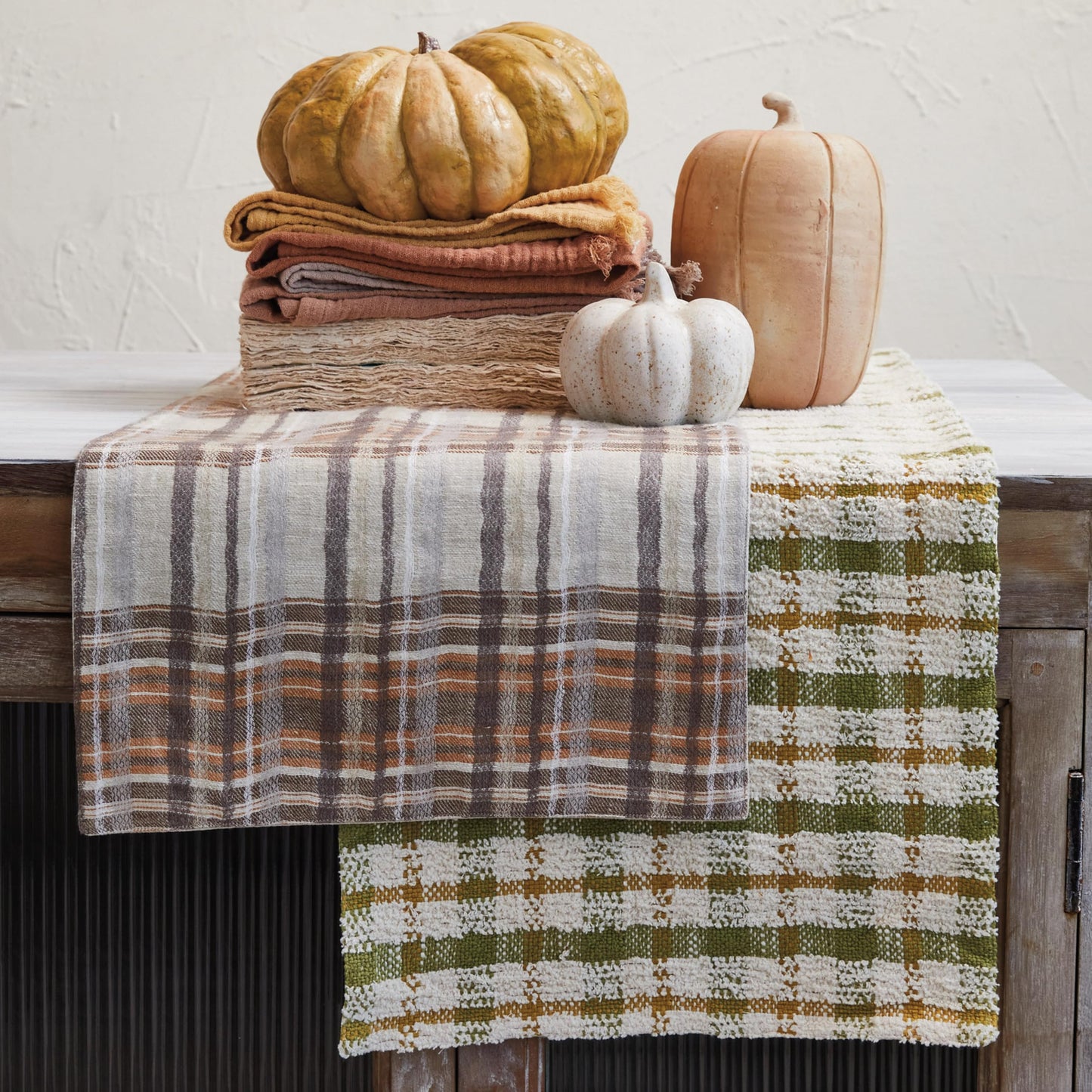 Creative Co-Op Plaid Woven Cotton Table Runner, Cream Color, Green and Yellow