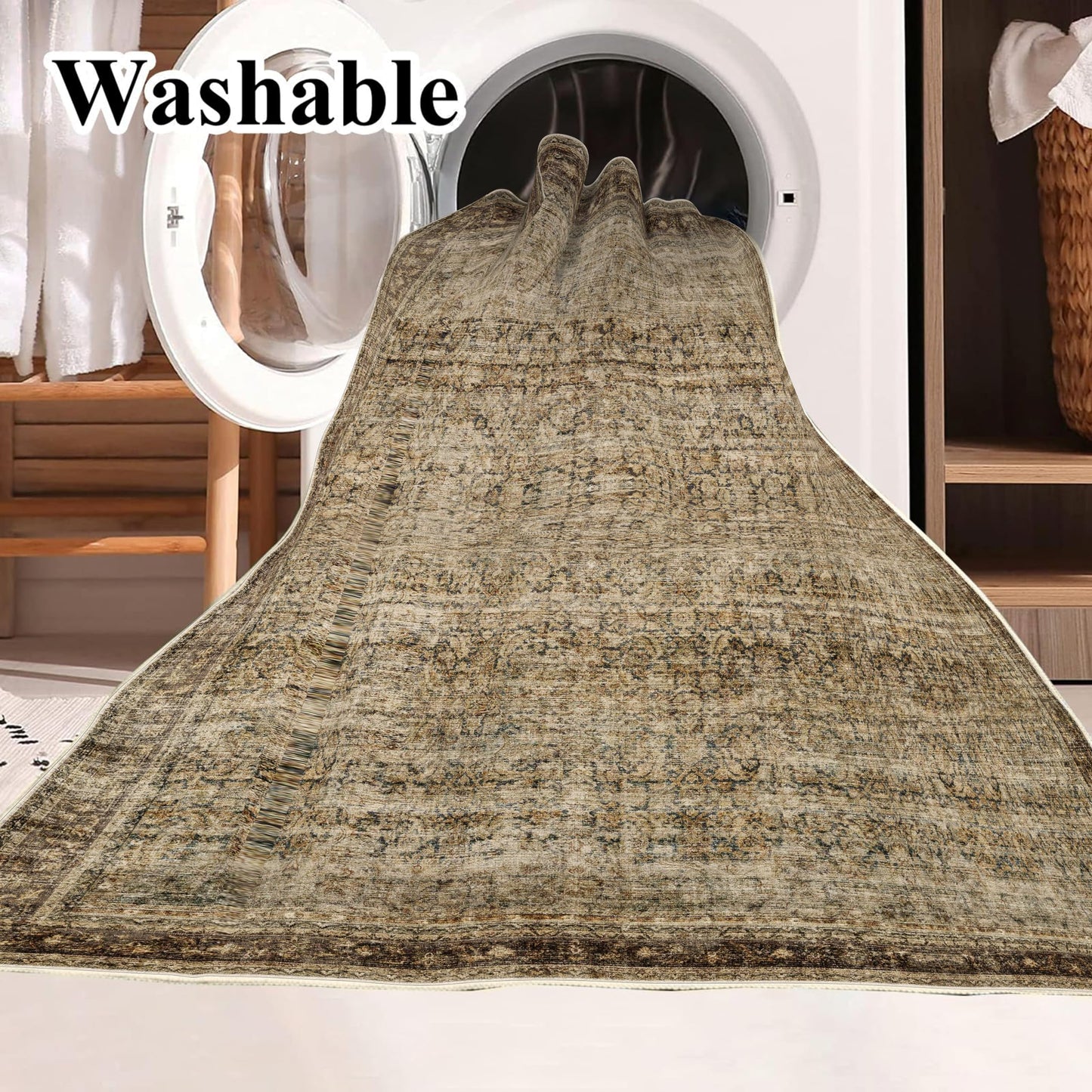 CHAMPLANT Area Rug 8x10 Washable Rug Brown Vintage Rug Traditional Mat Distressed Indoor Foldable Thin Rug Retro Accent Rug Floral Print Rug Non Slip Carpet Living Room Dining Room Office