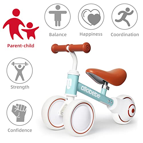 allobebe Baby Balance Bike for 1 Year Old, Toddler First Balance Bike, No Pedal Infant 4 Wheels Baby Walker First Birthday Gift, Mini Bike for 12-24 Months, Shinning Blue