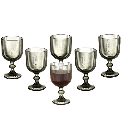 Vintage Wine Glasses Set of 6, 12 Ounce Colored Glass Water Goblets, Unique Embossed Pattern High Clear Stemmed Glassware Wedding Party Bar Drinking Cups Vertical Line Grey 6 Pack