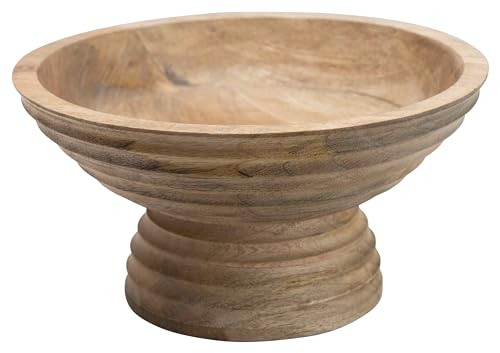 Creative Co-Op DF2440 Ridged Mango Wood Footed Bowl, Brown, 5 quarts, Large