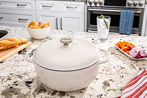 Lodge 6 Quart Enameled Cast Iron Dutch Oven with Lid – Dual Handles – Oven Safe up to 500° F or on Stovetop - Use to Marinate, Cook, Bake, Refrigerate and Serve – Oyster White