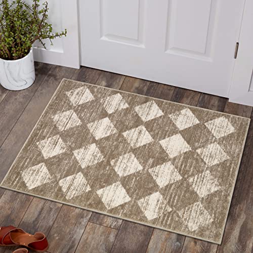 Lahome Moroccan Treills Area Rug - 2x3 Small Beige Bathroom Rug Door Rugs for Entryway Indoor, Checkered Washable Non Slip Throw Carpet for Bathroom Powder Room Kitchen Bedroom Front Door