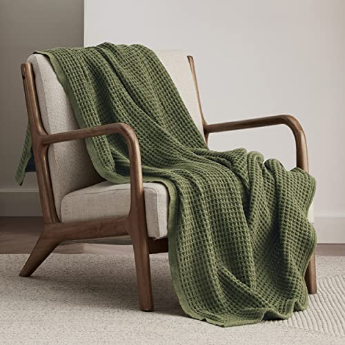 Bedsure 100% Cotton Blankets Twin XL Size for Bed - Waffle Weave Blankets for All Seasons, Cozy and Soft Woven Blankets, Lightweight Fall Blankets, Olive Green, 66x90 inches