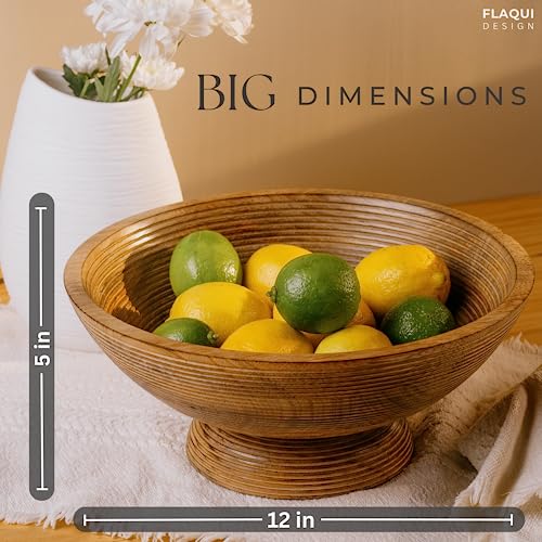 FLAQUI DESIGN Wood Pedestal Bowl - Wooden Fruit Bowl for Kitchen Counter - Large Decorative Bowl - 12" Footed Bowl Decorative - Potpourri Bowl for Modern Organic Decor