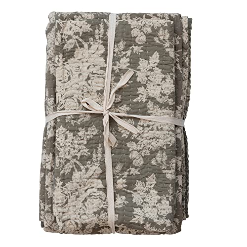 Creative Co-Op Queen Cotton Voile 2 -Shams with Floral Motif, -Set of 3 Pieces, Grey and Ivory Bed Cover, Gray