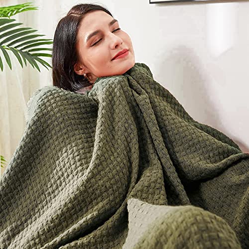 lifein Throw Blanket for Couch-Soft Boho Throw Blanket,Cozy Fall Knit Green Waffle Throw,Small Knitted Farmhouse Lightweight Blanket&Throw for Bed,Chair,Sofa,Home Decor,Christmas(Olive Green,50*60")