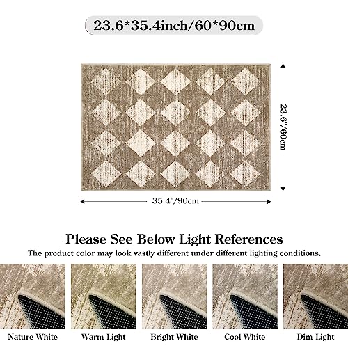 Lahome Moroccan Treills Area Rug - 2x3 Small Beige Bathroom Rug Door Rugs for Entryway Indoor, Checkered Washable Non Slip Throw Carpet for Bathroom Powder Room Kitchen Bedroom Front Door