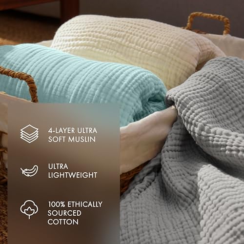 Mint Alley Cotton Muslin Blanket 4-Layer Mint Blankets for Adult Extra Lightweight Soft Breathable Throw Comfort Blanket All Season (Dark Grey, 59" x 78")