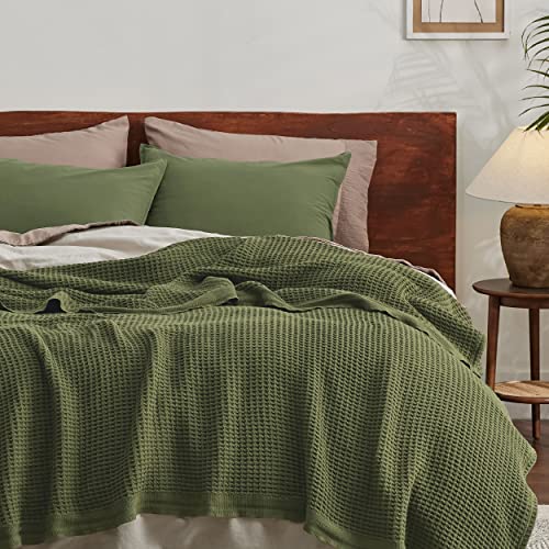 Bedsure 100% Cotton Blankets Twin XL Size for Bed - Waffle Weave Blankets for All Seasons, Cozy and Soft Woven Blankets, Lightweight Fall Blankets, Olive Green, 66x90 inches