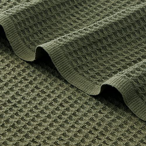 Bedsure 100% Cotton Blankets Twin XL Size for Bed - Waffle Weave Blankets for All Seasons, Cozy and Soft Woven Blankets, Lightweight Fall Blankets, Olive Green, 66x90 inches