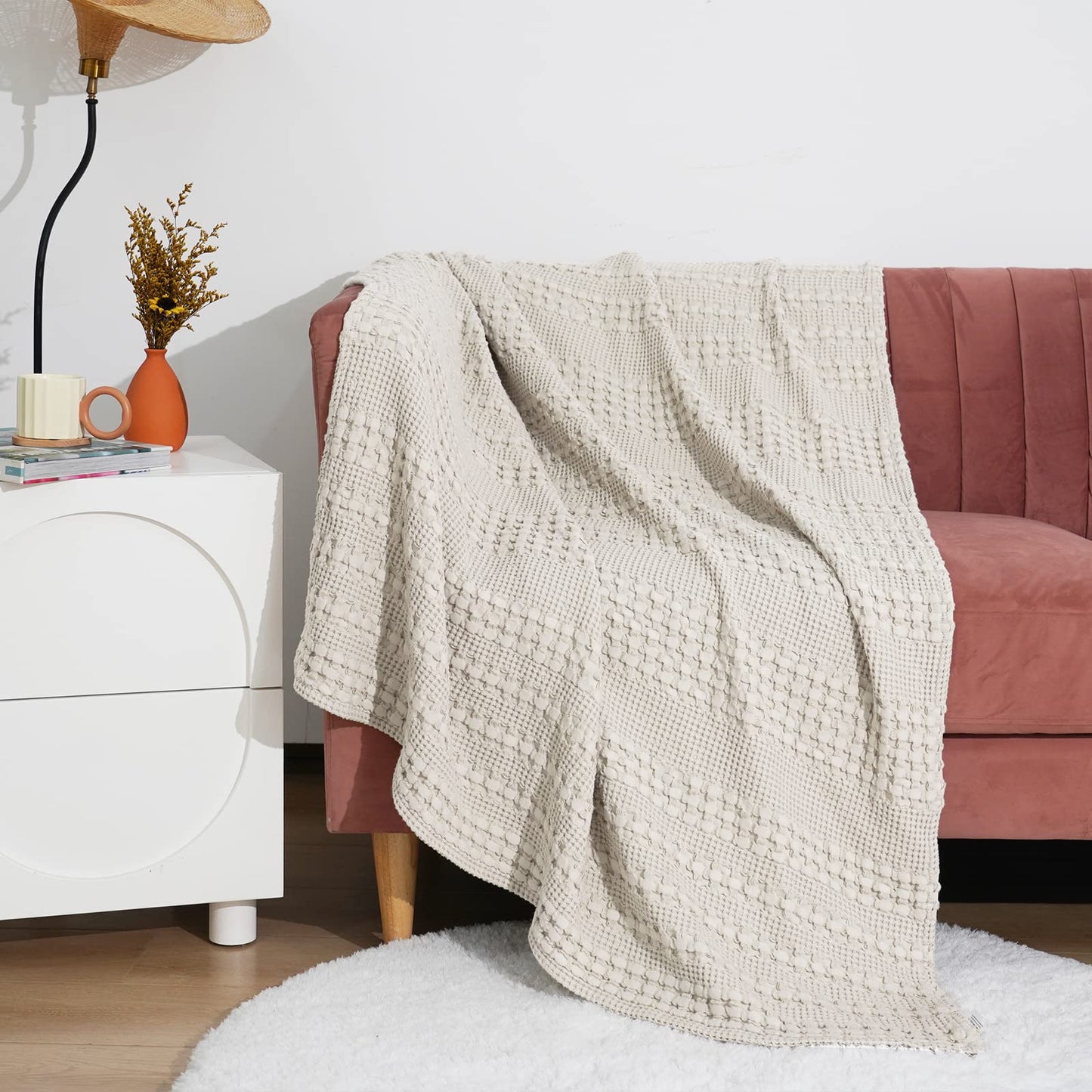 PHF 100% Cotton Waffle Weave Throw Blanket - Washed Soft Lightweight Blanket for All Season - Breathable and Skin-Friendly Blanket for Couch Bed Sofa 50"x60"- Natural/Linen