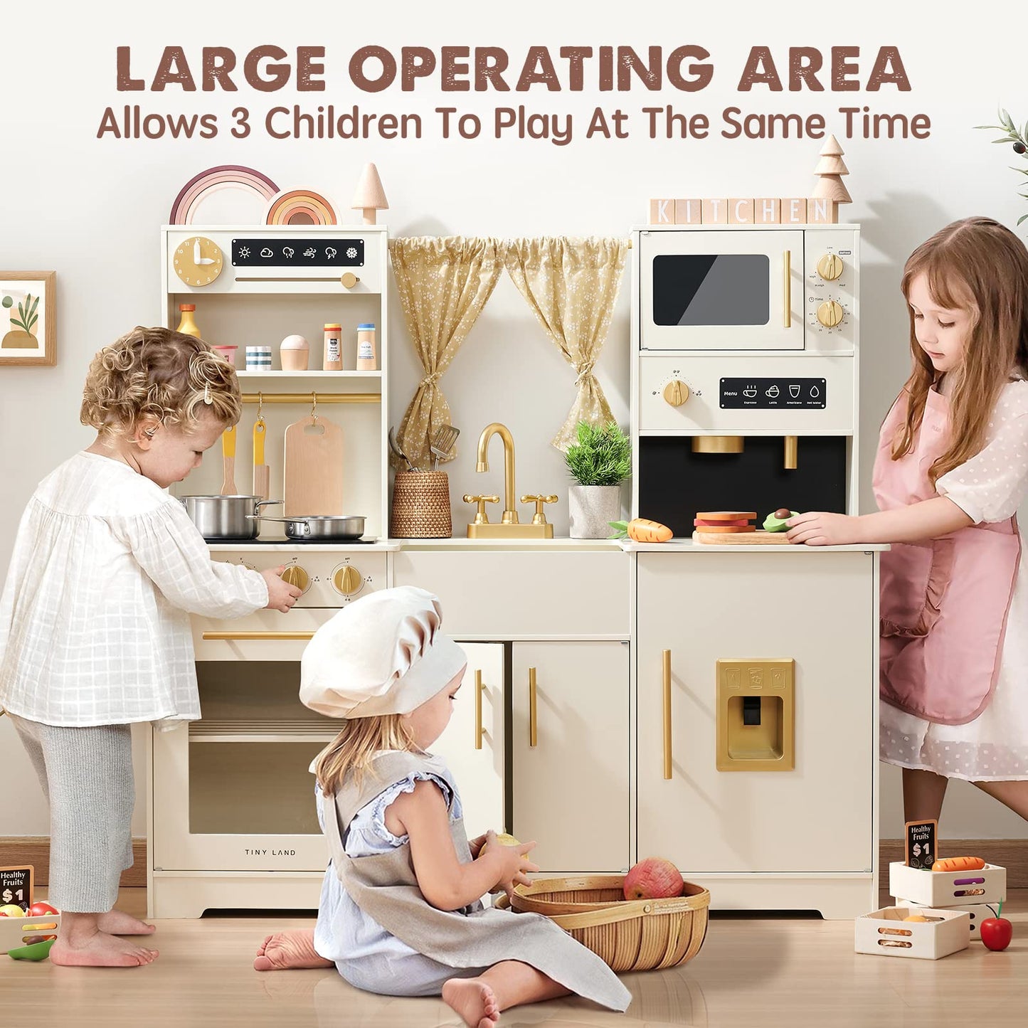Tiny Land Play Kitchen for Kids, Toy Kitchen Set with Plenty of Play Features, New Modern Kids Wooden Play Kitchen Designed in Trendy Home Style with Curtains, Gift for Ages 3+