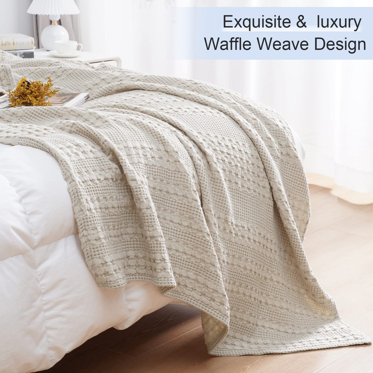 PHF 100% Cotton Waffle Weave Throw Blanket - Washed Soft Lightweight Blanket for All Season - Breathable and Skin-Friendly Blanket for Couch Bed Sofa 50"x60"- Natural/Linen