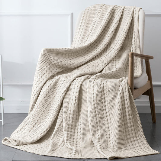 PHF 100% Cotton Waffle Weave Throw Blanket - Washed Soft Lightweight Blanket for All Season - Breathable and Skin-Friendly Blanket for Couch Bed Sofa 50"x60"- Natural/Linen